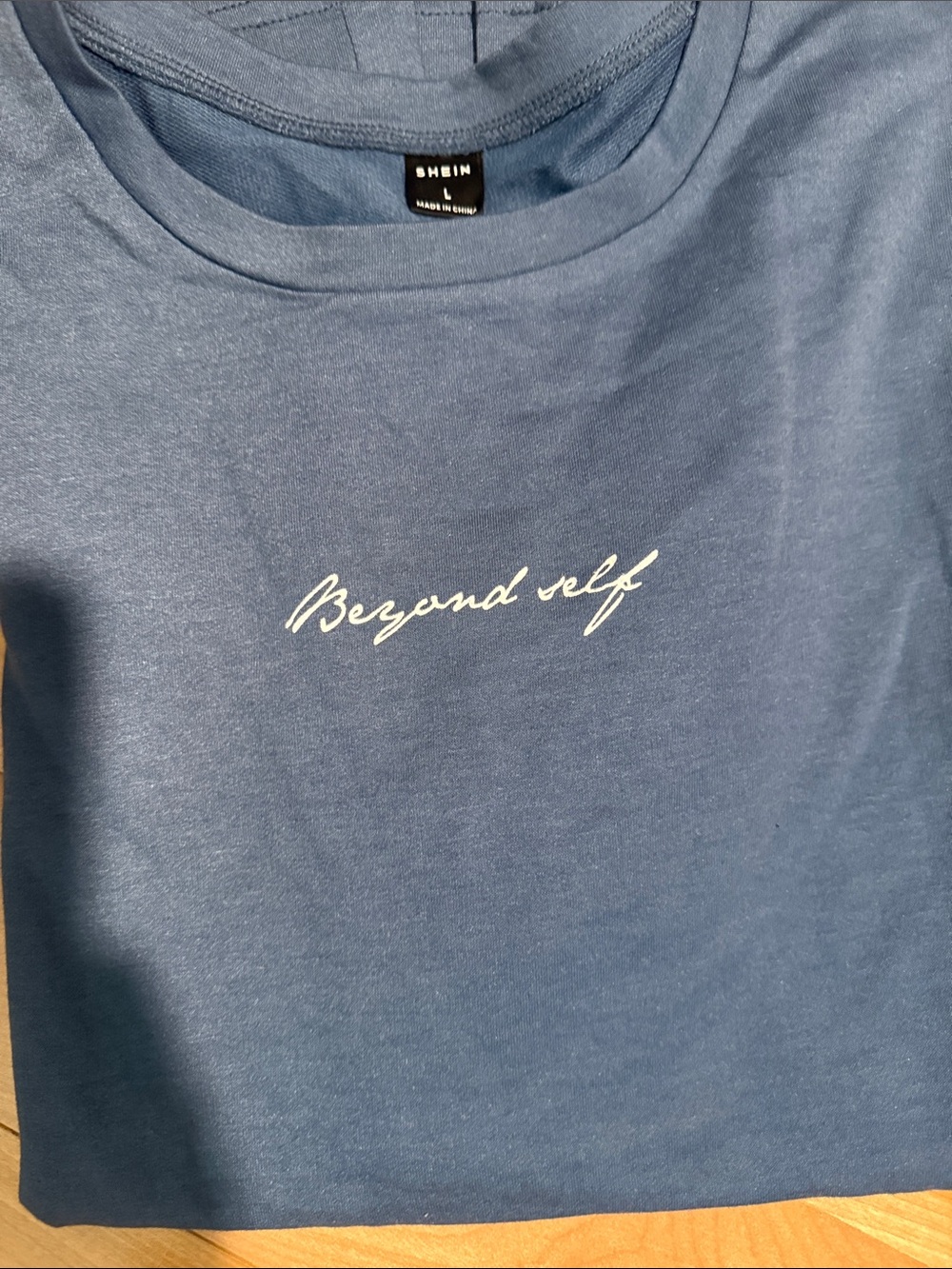 SHEIN Men's Blue Crewneck Tee with 'Beyond Self' Script NWOT